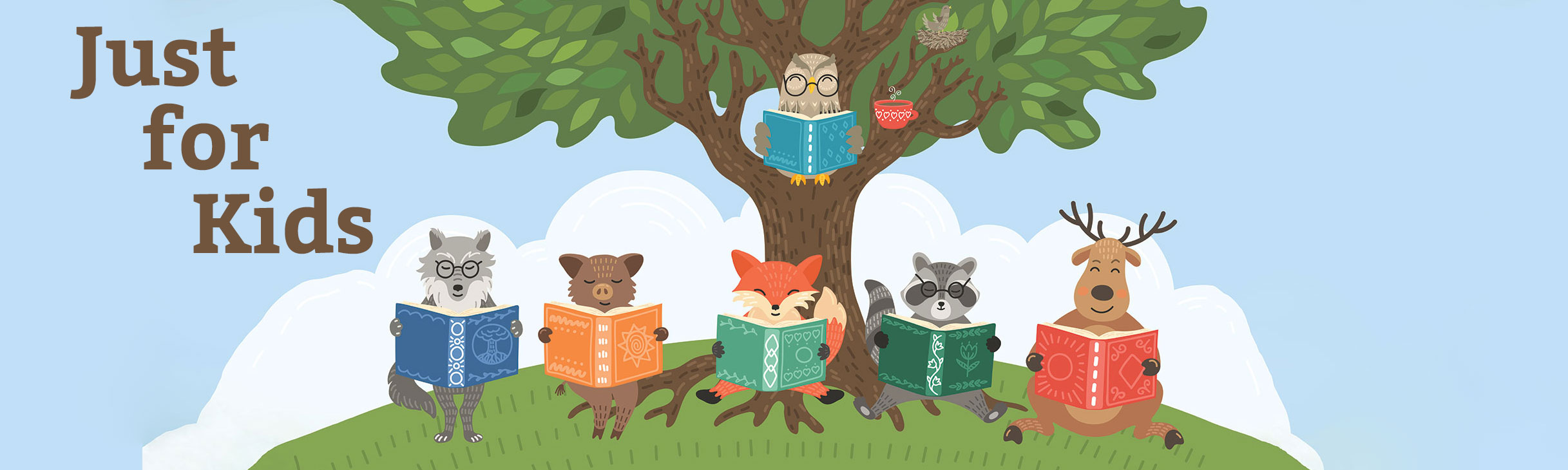 Animals reading beneath a tree