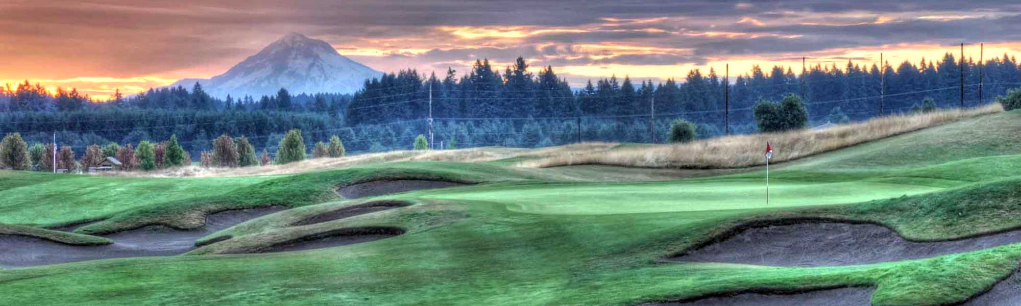 Greens at Stone Creek Golf Course with Mt Hood in background
