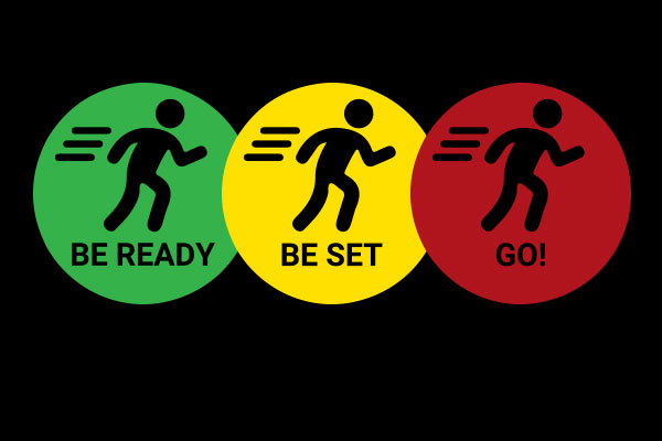 Evacuation level icons: be ready (green), be set (yellow), go! (red)