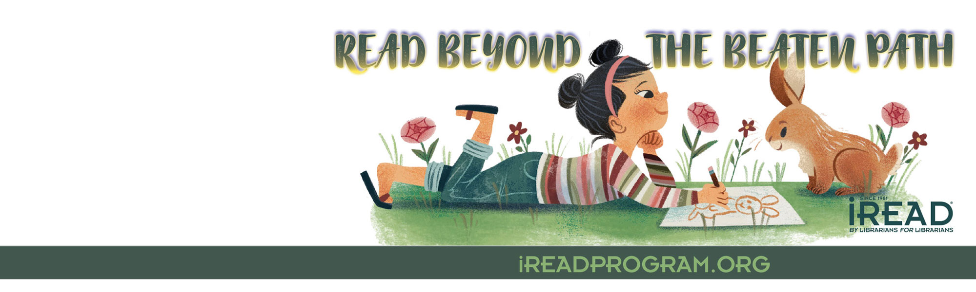 Read Beyond the Beaten Path - little girl drawing a picture while laying in a flower bed with a bunny