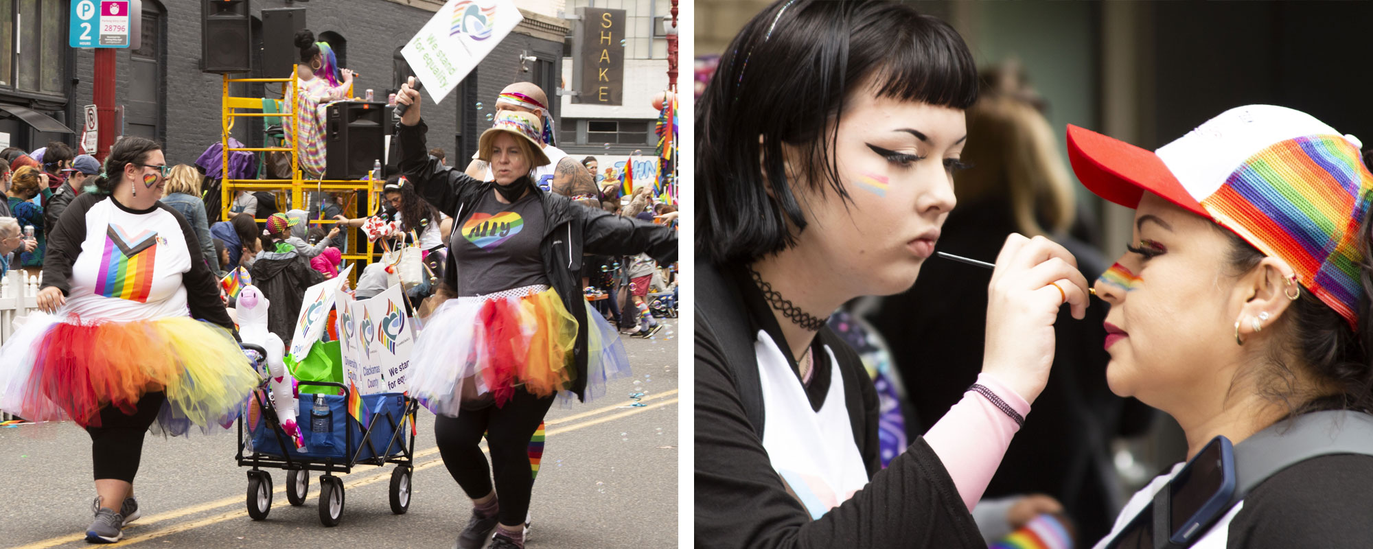 People walking and preparing for the pride parade