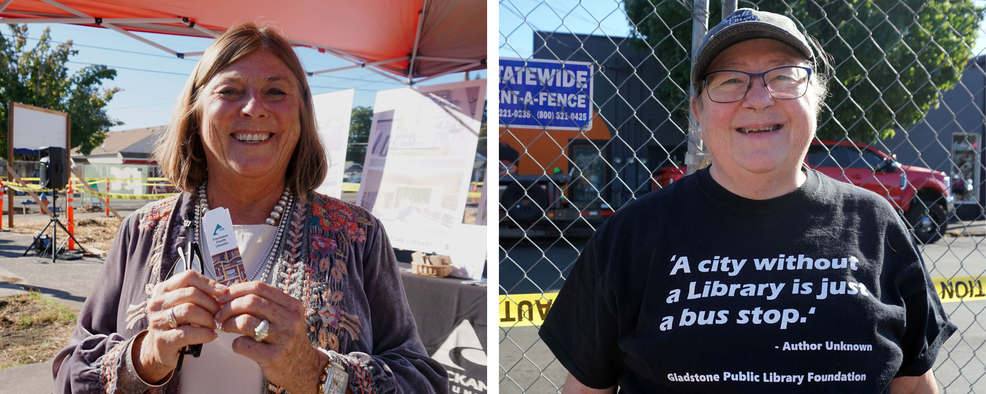 Martha Schrader and a member of the Gladstone Public Library Foundation wearing a shirt that says "a city without a library is just a bus stop"