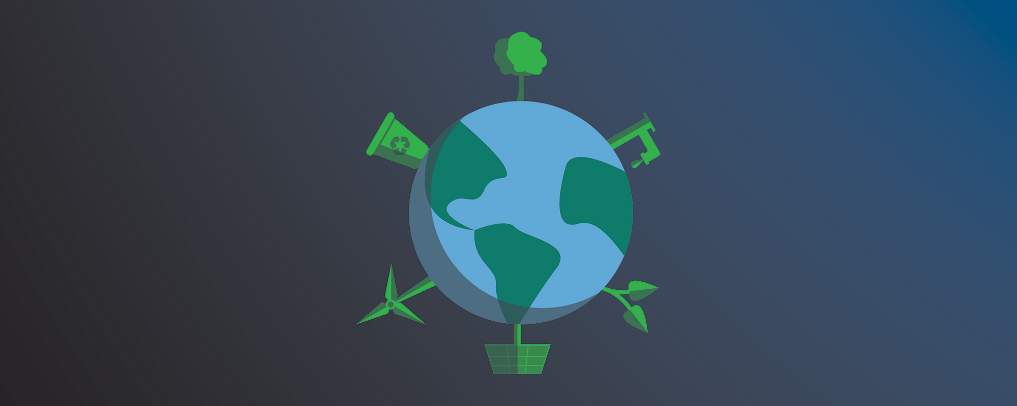 An animated picture of the earth with green trees and solar and other sustainable items coming out of it.