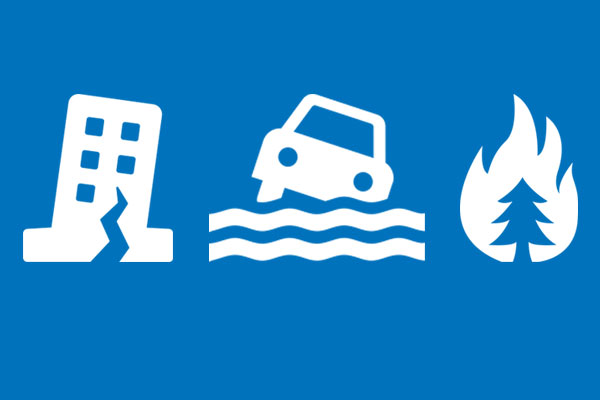 Icons on a blue background representing an earthquake, flooding, and wildfires