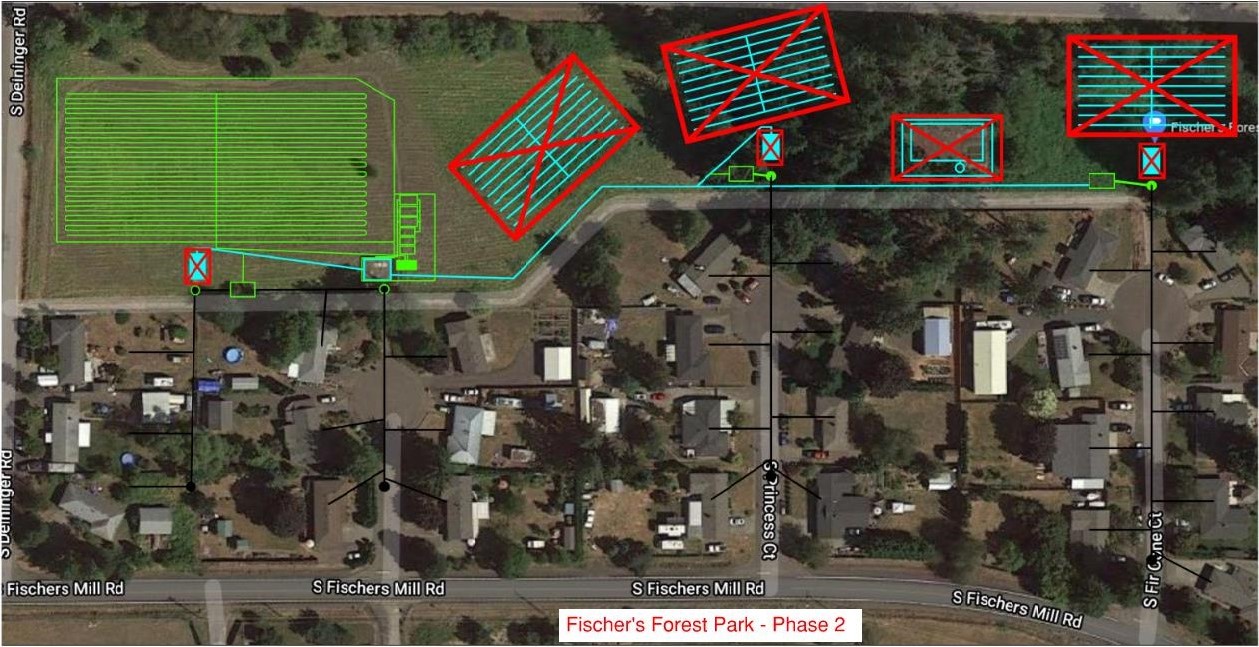 Blue Lines: Existing Facilities, Green Lines: New Facilities, Red X’s: Facilities to Be Decomissions