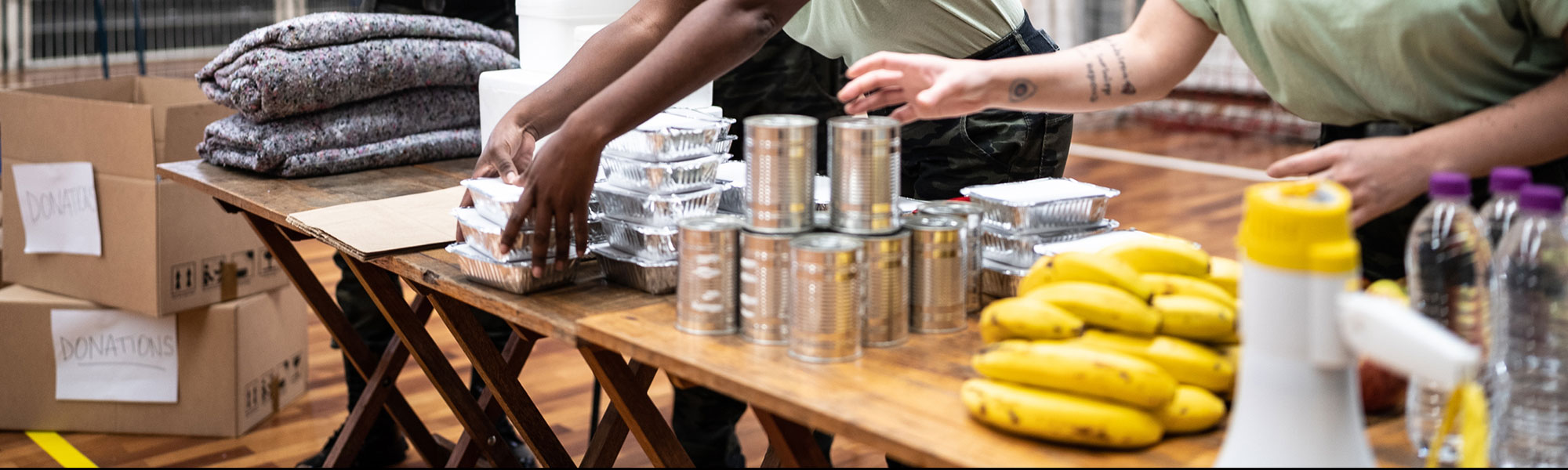 organizing donations at a gymnasium