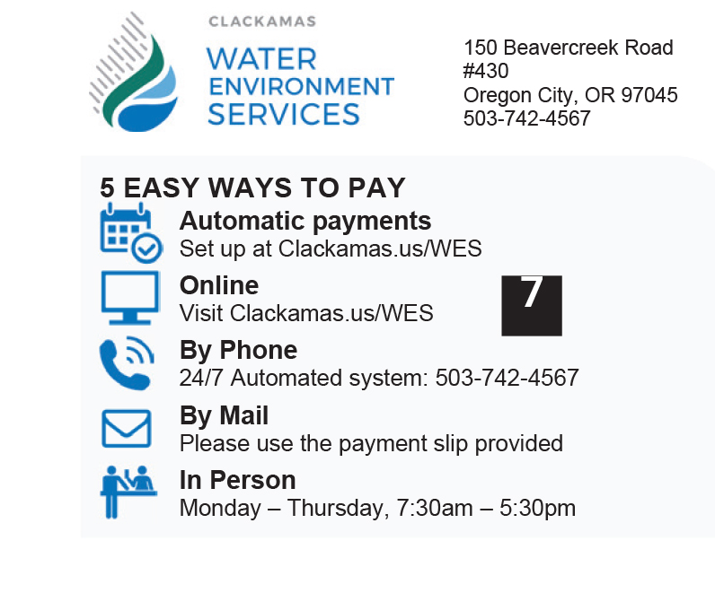 shows where on the bill to find ways to pay including, automatic payments, online, by phone, by mail, and in-person