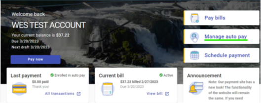 WES Account screen highlighting the ‘Manage auto pay button’