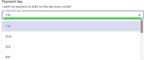 Payment day drop down menu