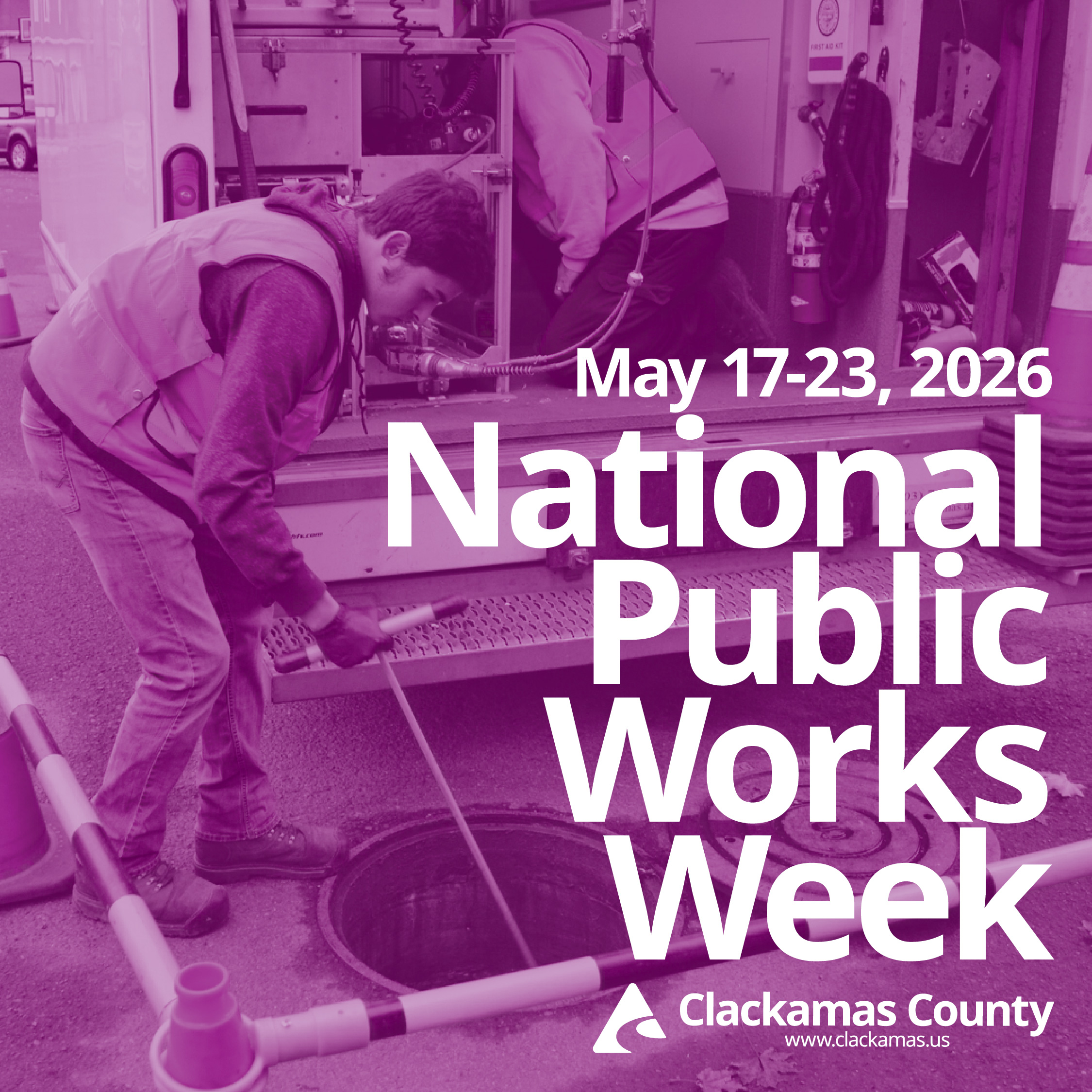 Man working on a road crew with the words "National Public Works Week"