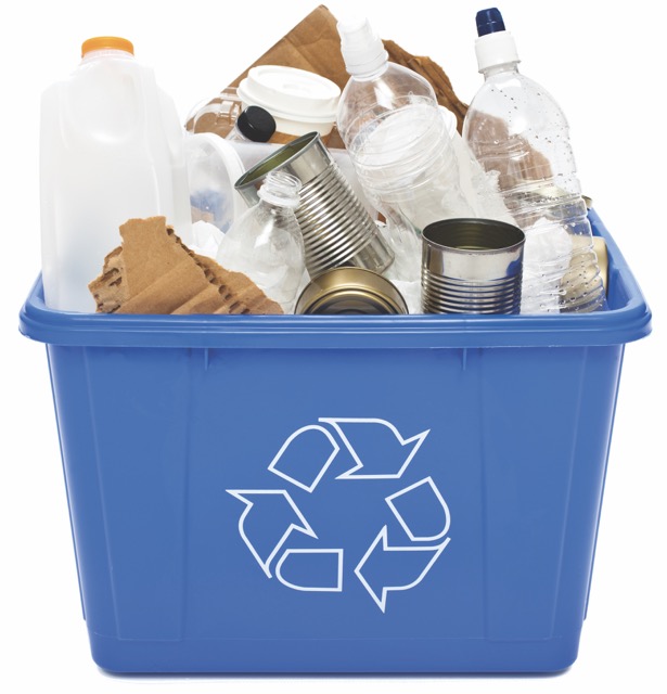 Blue recycle bin with containers, cans, bottle, paper, etc.