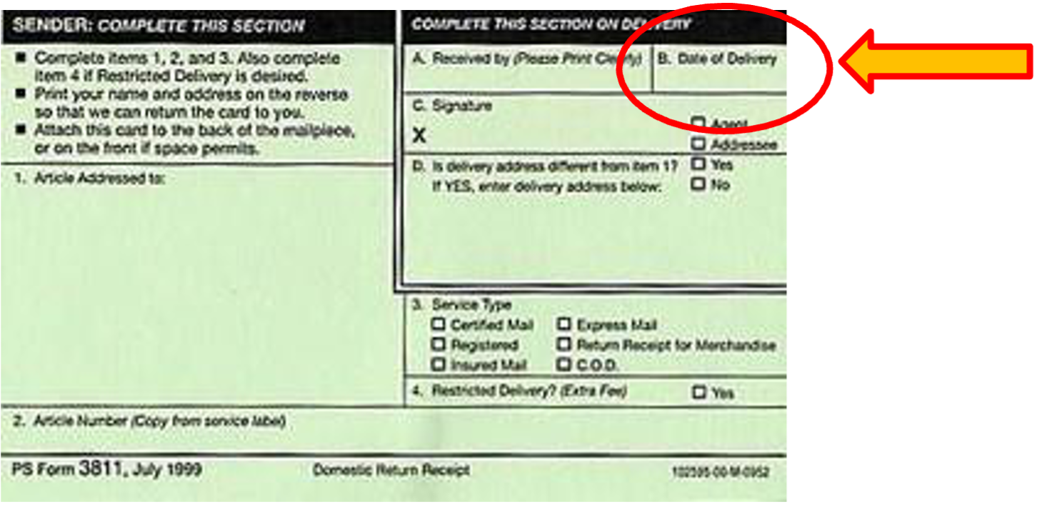 example of green card with date of delivery circled