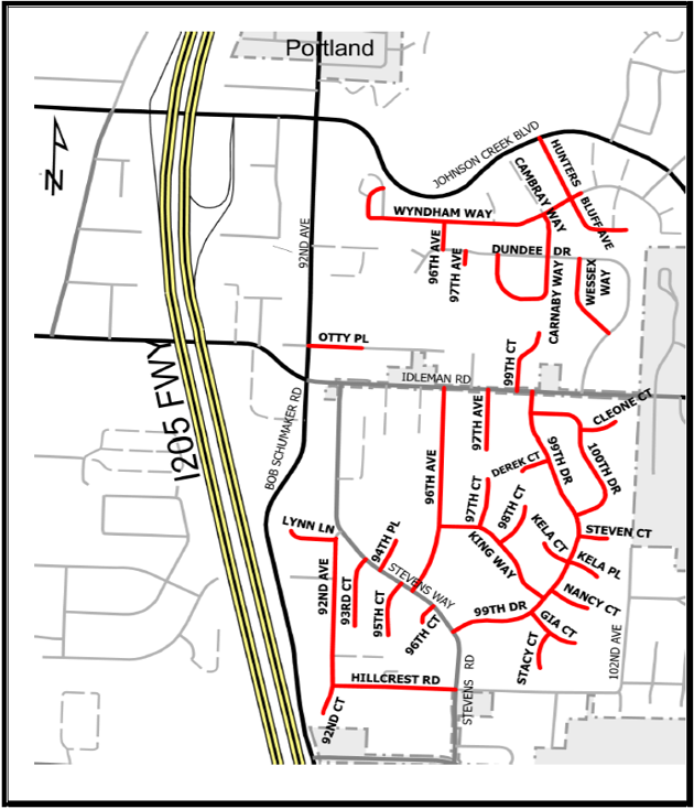 Map of 2026 road sealant projects in the Mt. Scott area as described