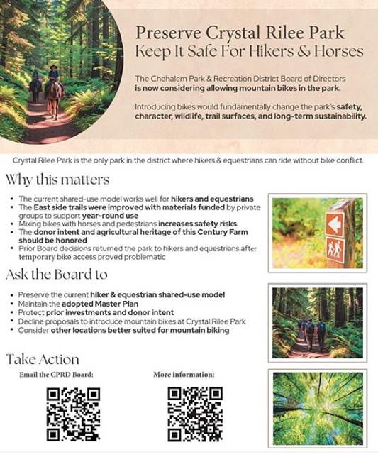 Flyer explaining Crystal Rilee Park rules for hikers and horses