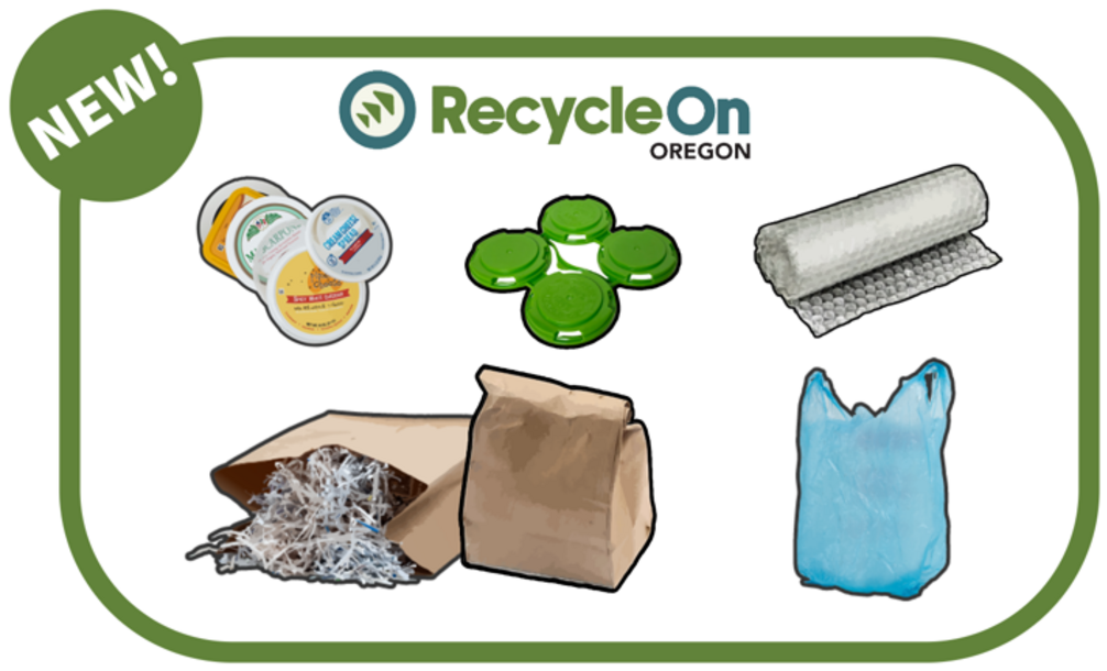 Graphic showing plastic lids, rigid 6-pack handle, bubble wrap, shredded paper in a paper bag, and a plastic bag with RecycleOn Oregon logo