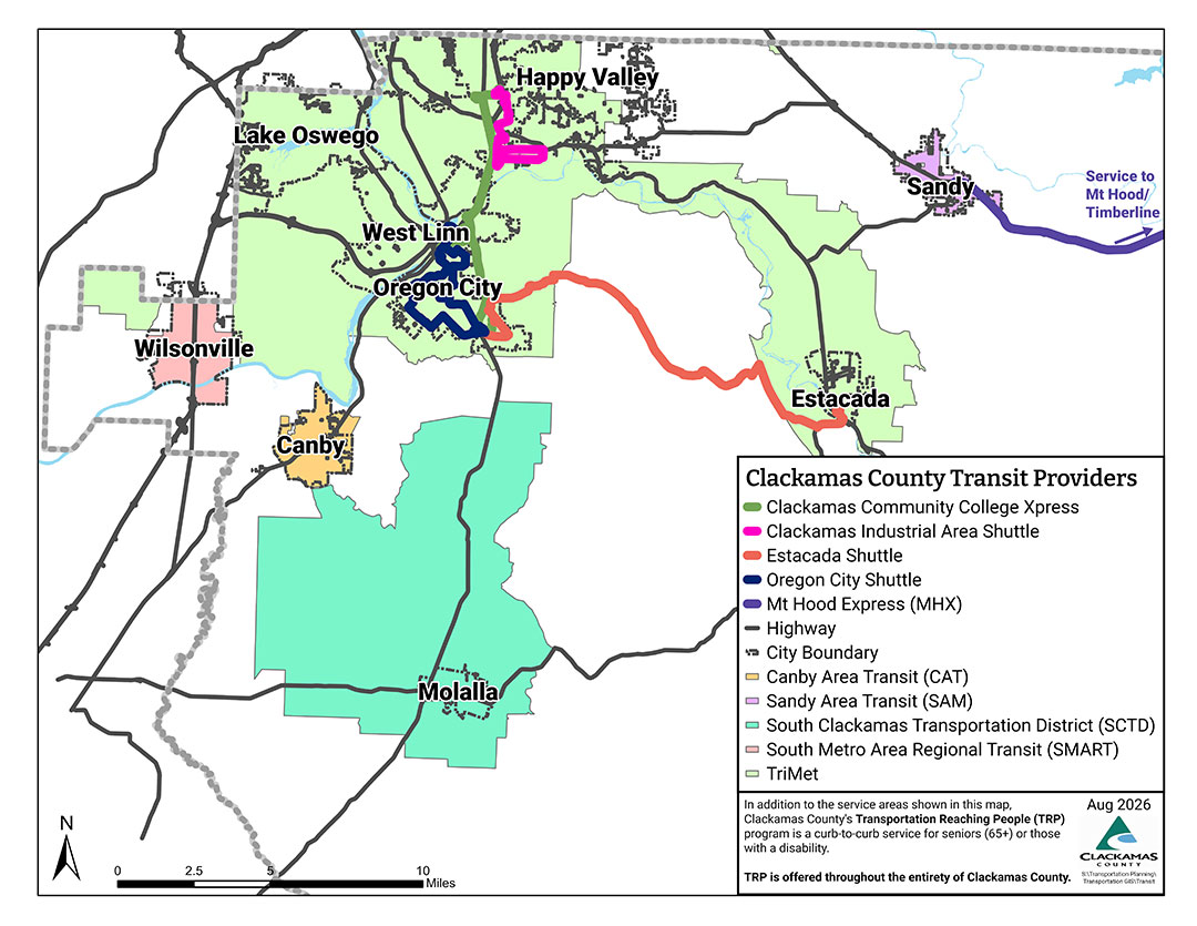Map of Clackamas County showing service areas for the 5 transit agencies in Clackamas County, plus service offered via the ClackCo shuttles