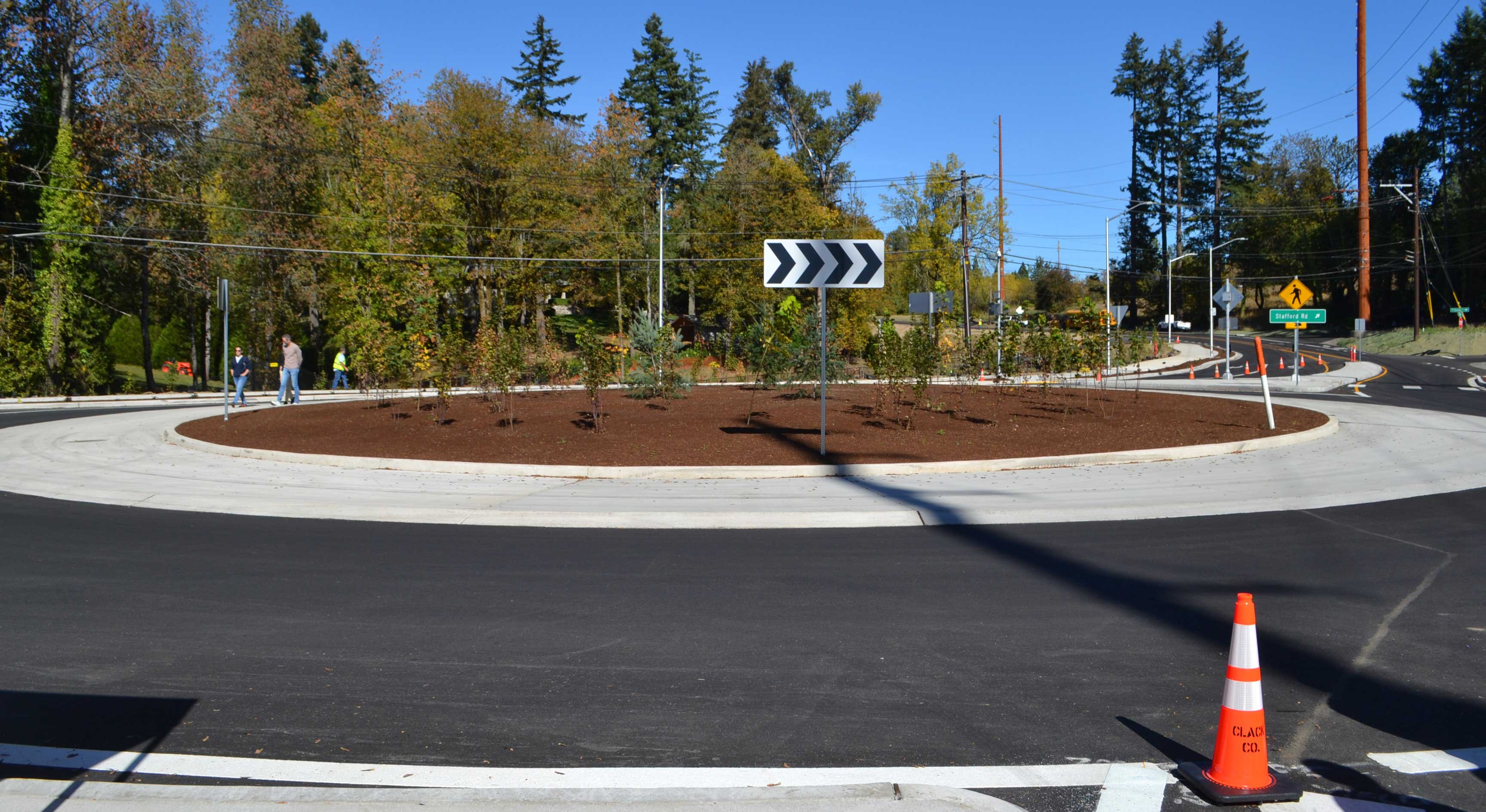 A picture of the Stafford Roundabout on Sept. 30, 2026. The island is in the middle, a Stafford Road sign is present in the background.