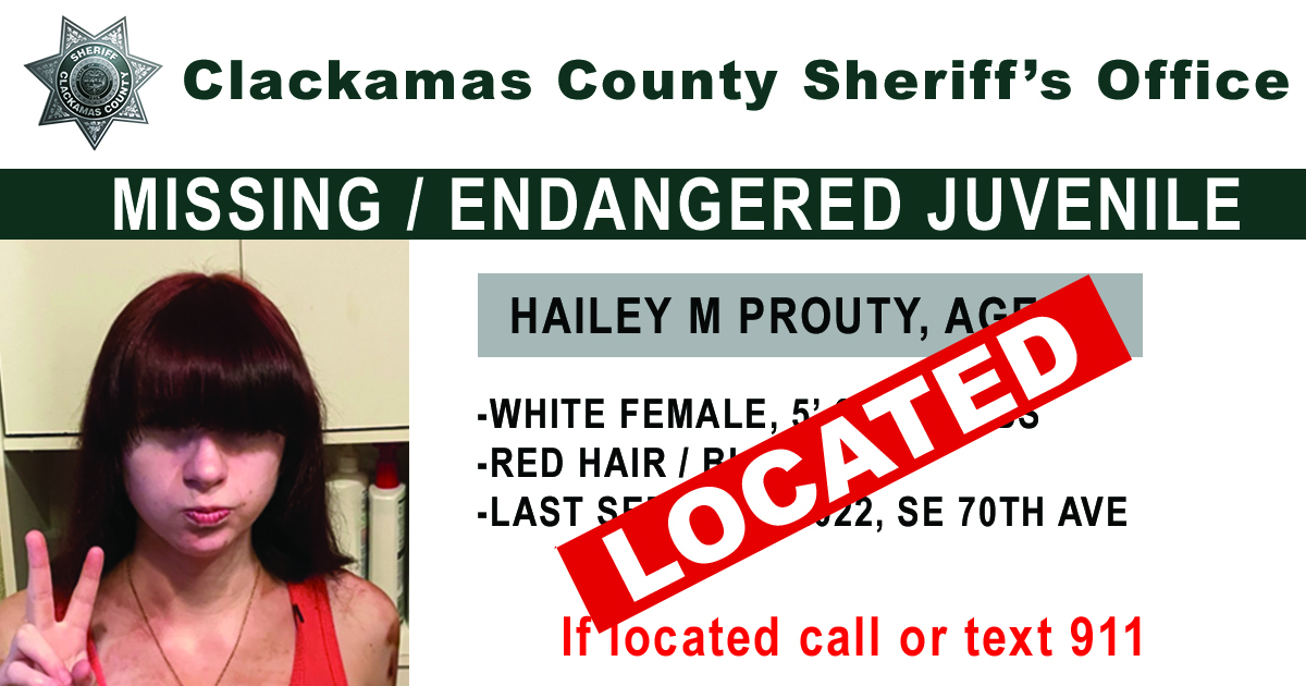 UPDATE -- LOCATED: Sheriff's Office seeks tips in search for  missing/endangered juvenile Hailey M Prouty, 16 and missing juvenile  Matthew Finney, 16. | Clackamas County