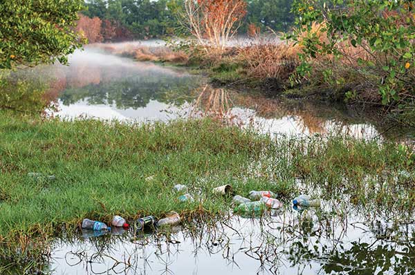 trash and litter on riverbanks