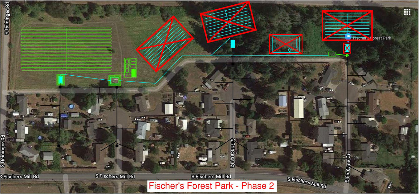 Blue Lines: Existing Facilities, Green Lines: New Facilities, Red X’s: Facilities to Be Decomissions