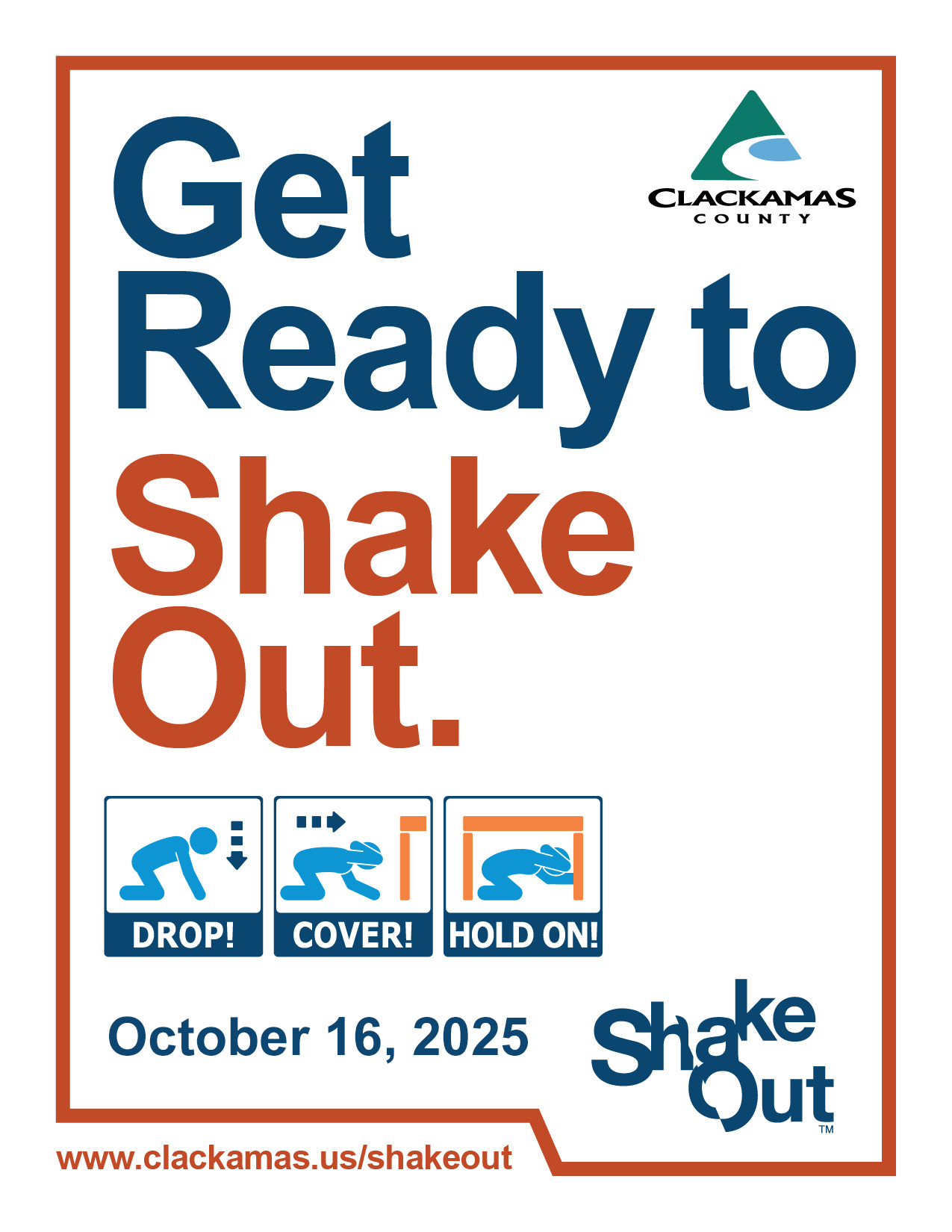 Flyer that says Get Ready to Shake Out. Drop! Cover! Hold on! October 15, 2025.