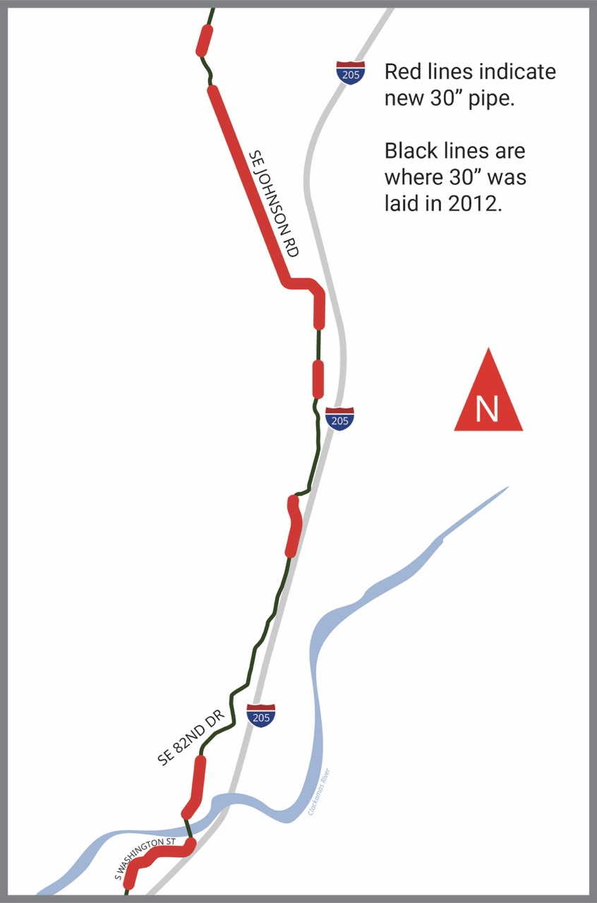 Map showing the route of the IT2 force main along SE Johnson Rd to SE 82nd and S Washington