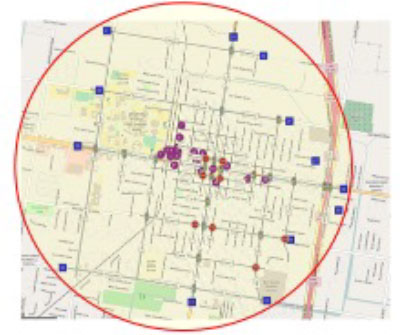 Red circle around a point on a map illustrating zone of influence