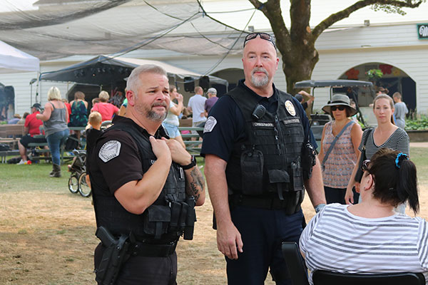 Two police officers strolling around the County Fair