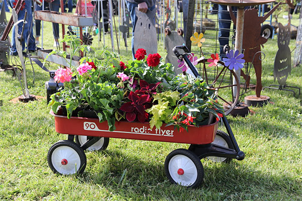 Red wagon with flowers