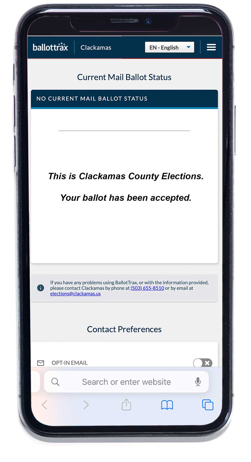 Mobile phone with text message, This is Clackamas County Elections. Your ballot has been accepted.