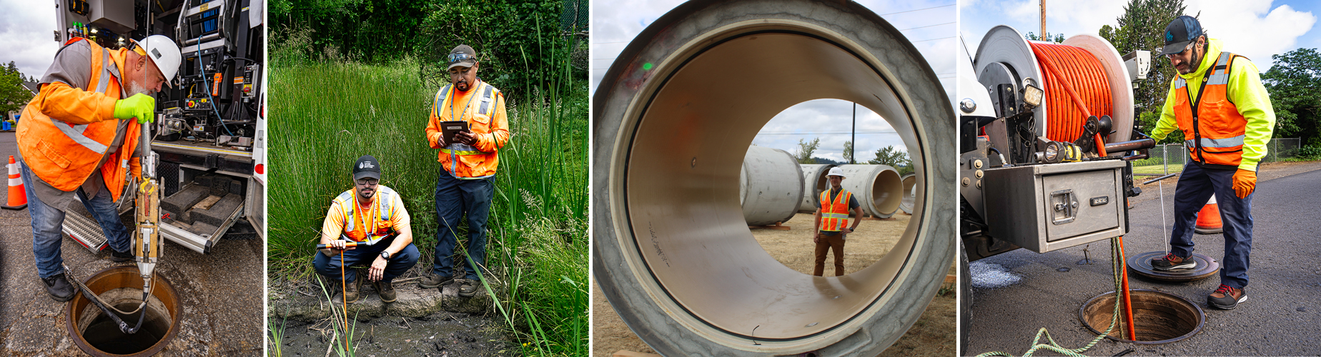 Collage of public service workers fixing pipes