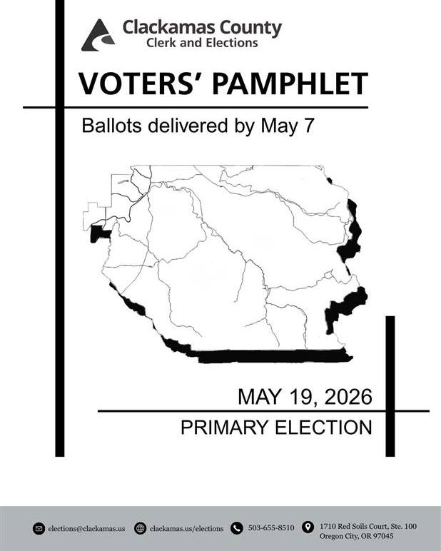 Cover of Clackamas County Voters' Pamphlet. Map of the county and notes that ballots will be delivered by May 7.
