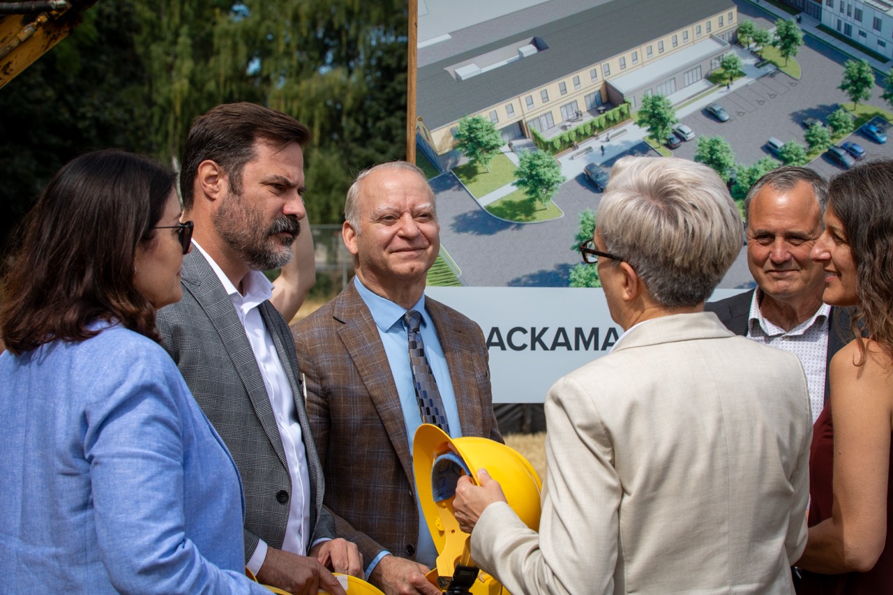 Clackamas County Commissioners listen to Gov. Tina Kotek speak in a small group at the Clackamas County Recovery Campus groundbreaking on July 29, 2026.
