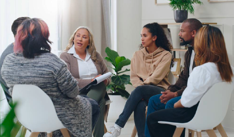 Group of people sitting in small circle discussing topic