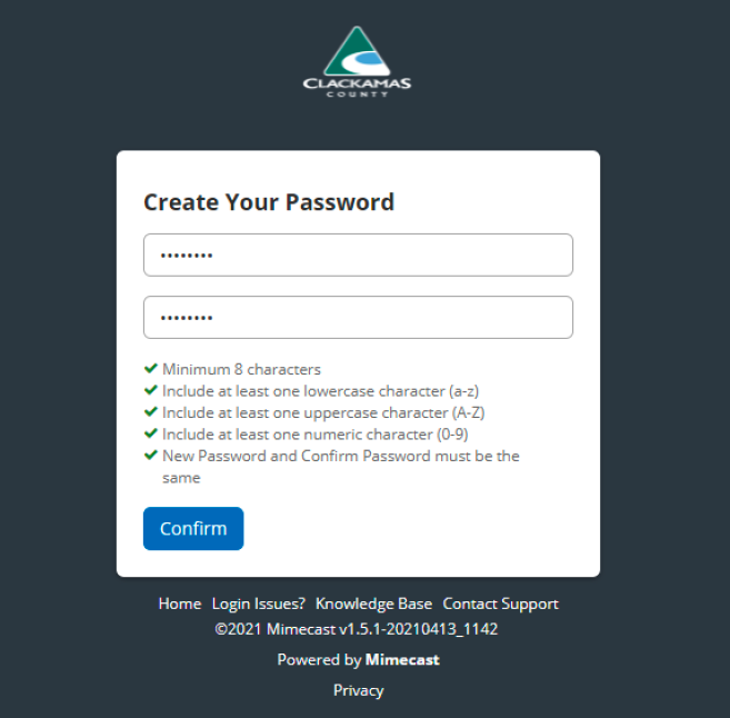 Screenshot of Create Password window with Clackamas County Logo