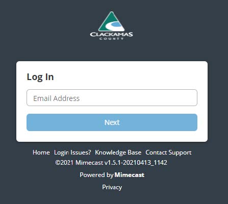 Screenshot of log in window on Clackamas County Mimecast
