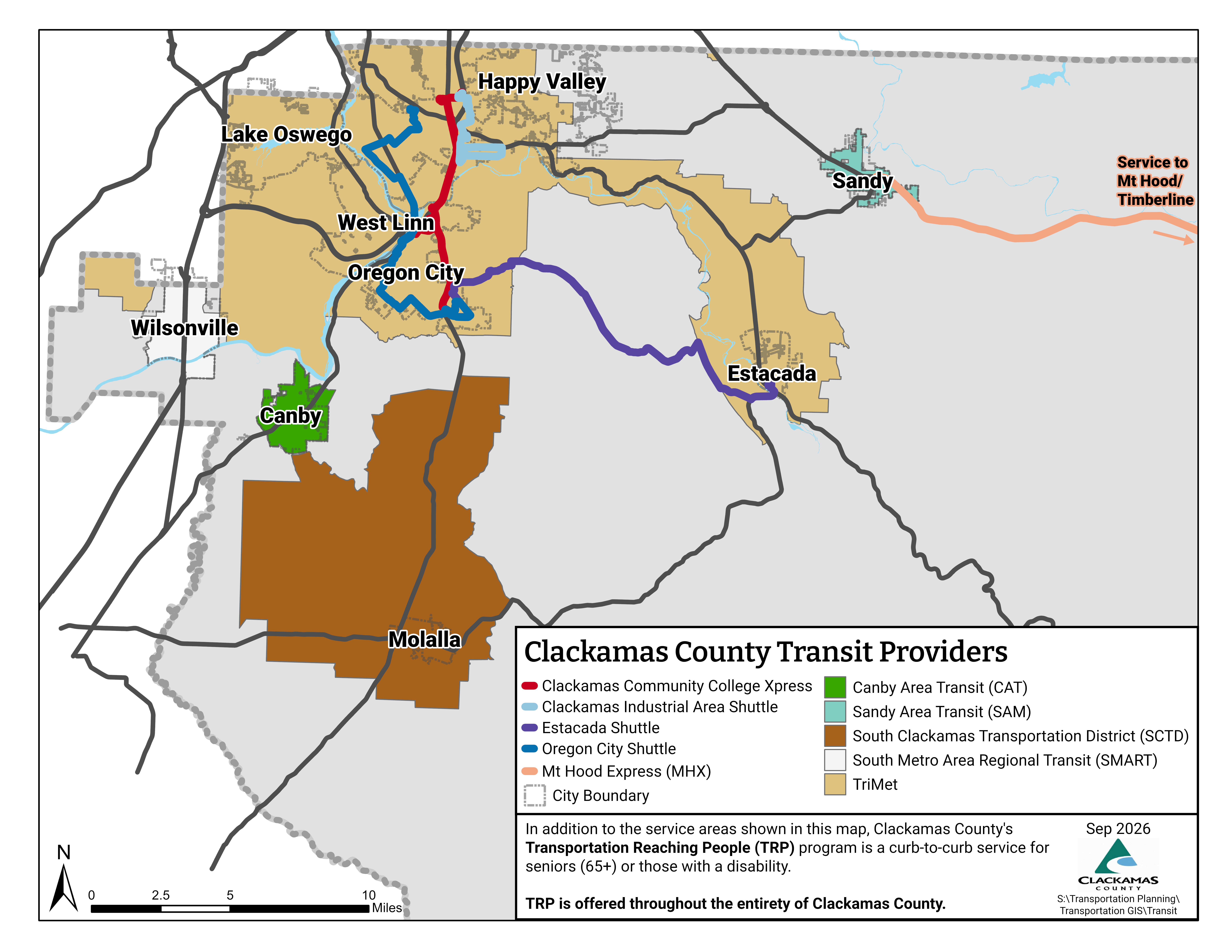 Map of Clackamas County showing service areas for the 5 transit agencies in Clackamas County, plus service offered via the ClackCo shuttles. TriMet is the largest of the service areas, covering a large swath of the Northwest of the county. It covers cities such as Lake Oswego, West Linn, Milwaukie, Gladstone, and Oregon City. It covers the western half of Happy Valley. There is also an arm of coverage that reaches southeast to Estacada via Oregon Highway 224. South Metro Area Regional Transit (SMART) is nearly coterminous with the boundaries of the City of Wilsonville. Canby Area Transit (CAT) is nearly coterminous with the boundaries of the city of Canby.   Sandy Area Metro (SAM) is nearly coterminous with the boundaries of the city of Sandy. South Clackamas Transportation District (SCTD) covers the city of Molalla plus a large area surrounding it, mostly to the north and west of the city of Molalla. Finally, the map also shows 5 ClackCo Shuttle routes. The first is the Mt Hood Express which travels east on US26 from Sandy and provides service to Mt Hood and Timberline. The second is the Oregon City Shuttle which runs in a loop within the city of Oregon City. The next is the Estacada Shuttle, which runs east from the southern edge of Oregon City (Clackamas Community College) eastward to Estacada. The next is the Clackamas Industrial Area Shuttle, which connects the Clackamas Industrial Area to the Clackamas Town Center Area.   The last is the Clackamas Community College Express Shuttle, which connects Clackamas Town Center with CCC Harmony, downtown Oregon City, and CCC Oregon City. On the bottom, there is a note stating: In addition to the service areas shown on this map, Clackamas County’s Transportation Reaching People program is a curb-to-curb service for Seniors 65 and older or those with a disability. Transportation Reaching People is offered throughout the entirety of Clackamas County.