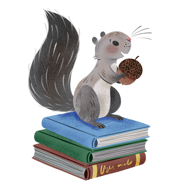 Squirrel holding an acorn sitting on a stack of books
