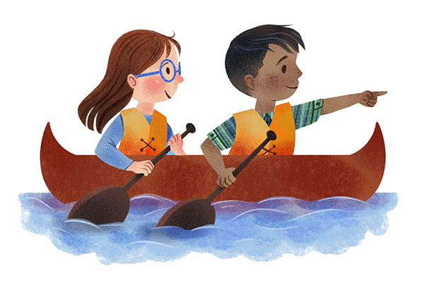 Two children in a rowboat on the water