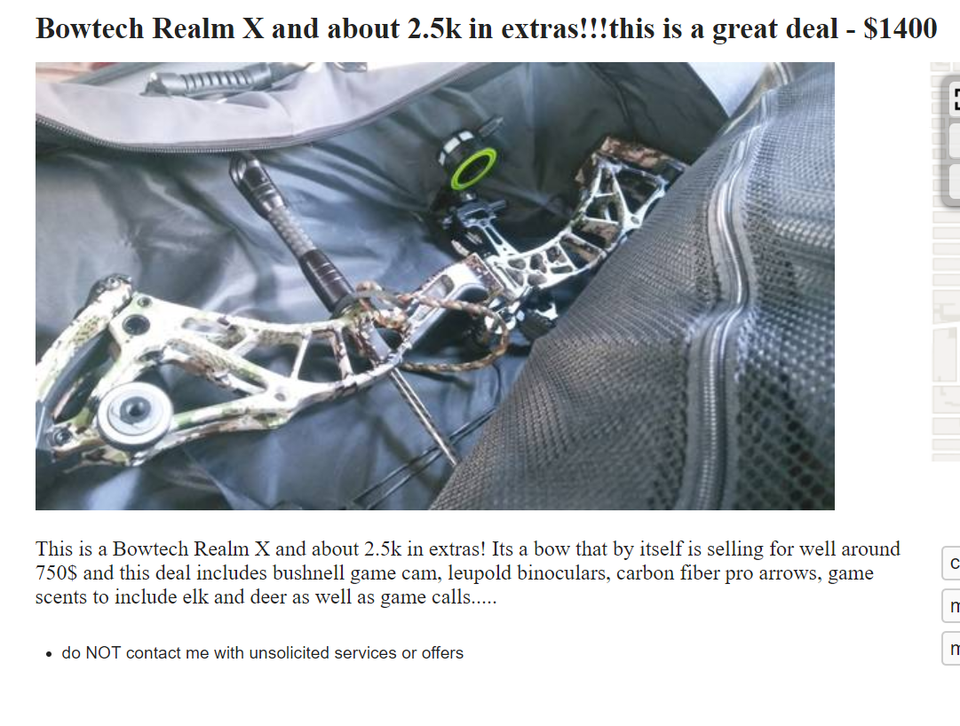 Craigslist ad for stolen compound bow
