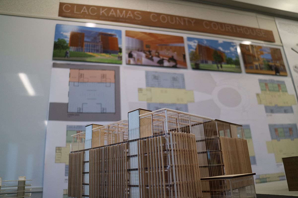 Student designs showcase how elements of cross-laminated timber can be used in building a new Clackamas County courthouse. 