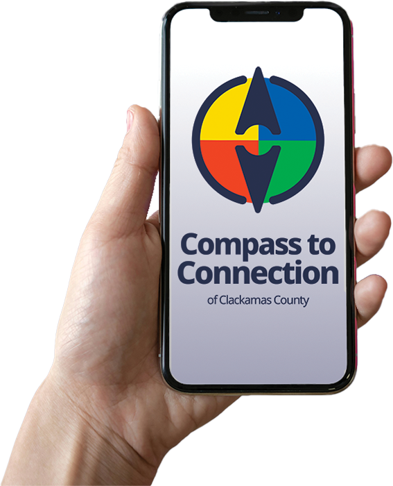 Hand holding phone showing the Compass to Connection logo