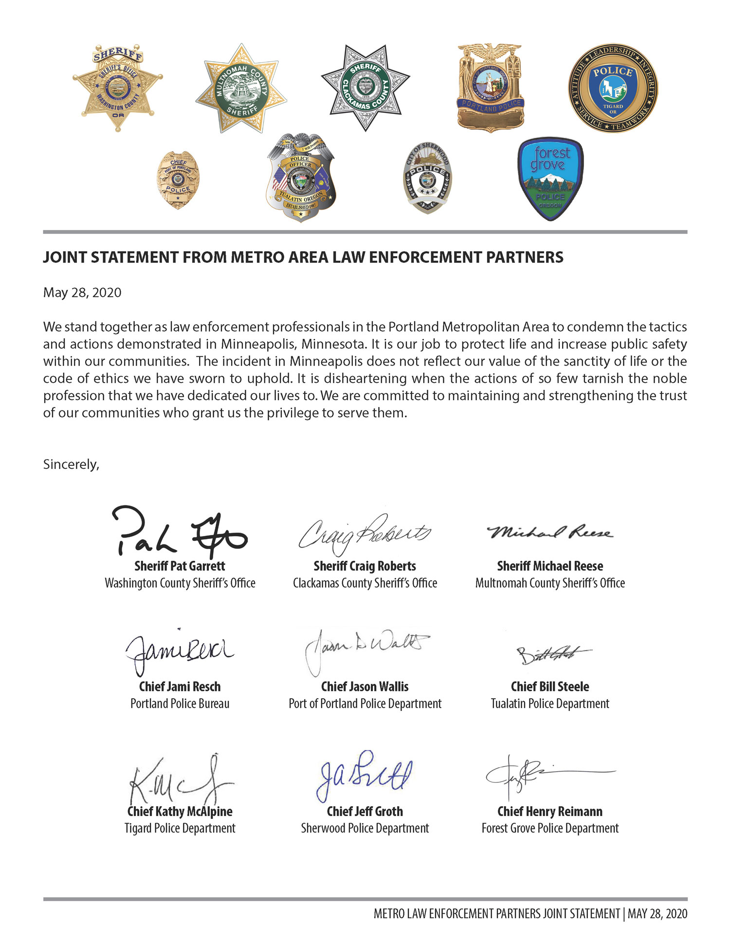 Joint Statement from Metro Area Law Enforcement Partners