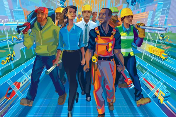 National Public Works Week illustration - a group of different public works employees.
