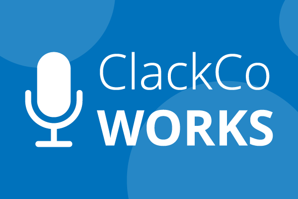 Banner with an illustration of a microphone and the words ClackCo WORKS