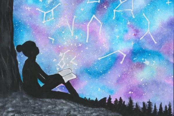Drawing of a young girl reading a book under a tree, looking up at the night sky full of stars and constellations