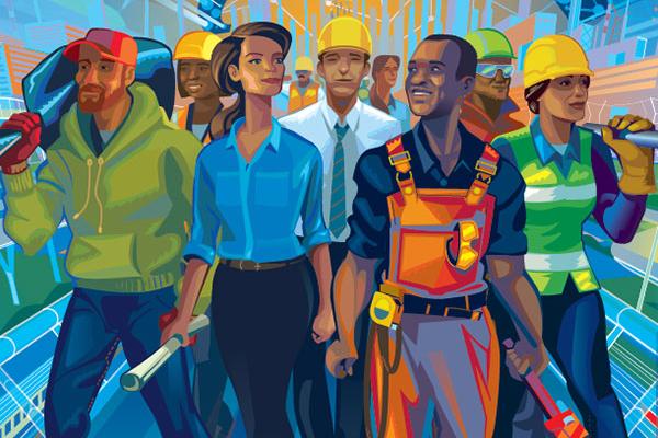 National Public Works Week illustration - a group of different public works employees.