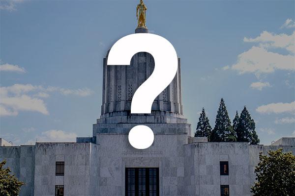 Oregon State Capital building with a question mark 