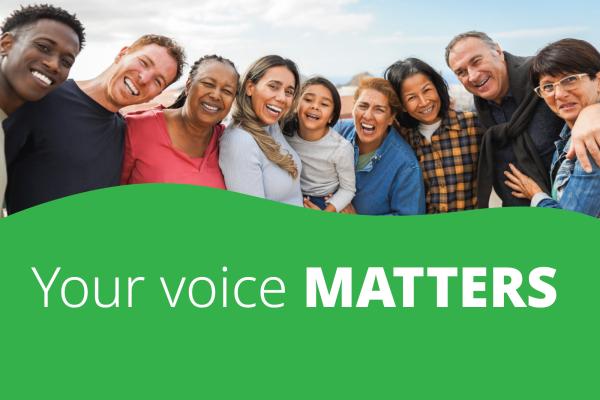 Group of people with overlaid text reading Your voice matters