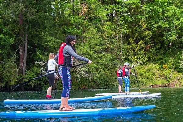 people on paddle boards in a lake